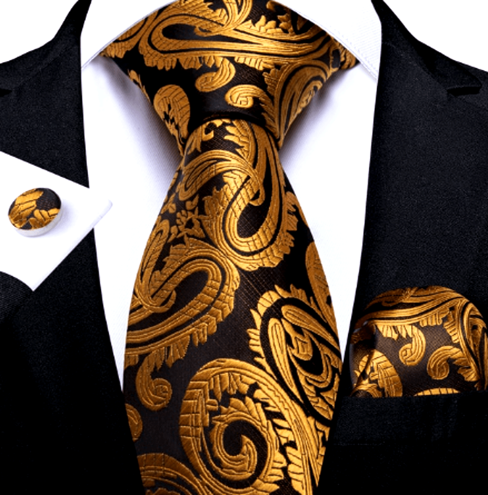 Gold Leaves In Brown Silk Tie Set - Masculine Clothes