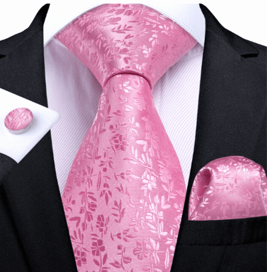 Pink Tiny Leaves Silk Tie Set - Masculine Clothes