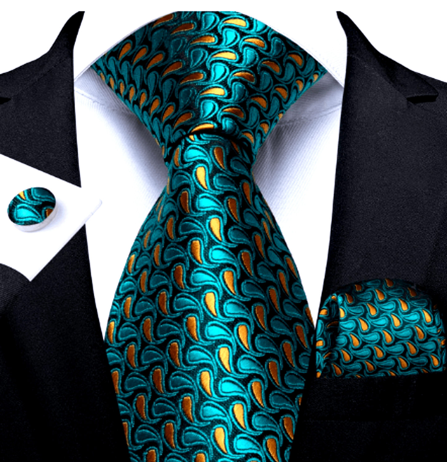 Blue Green Oranges Leaves Silk Tie Set - Masculine Clothes