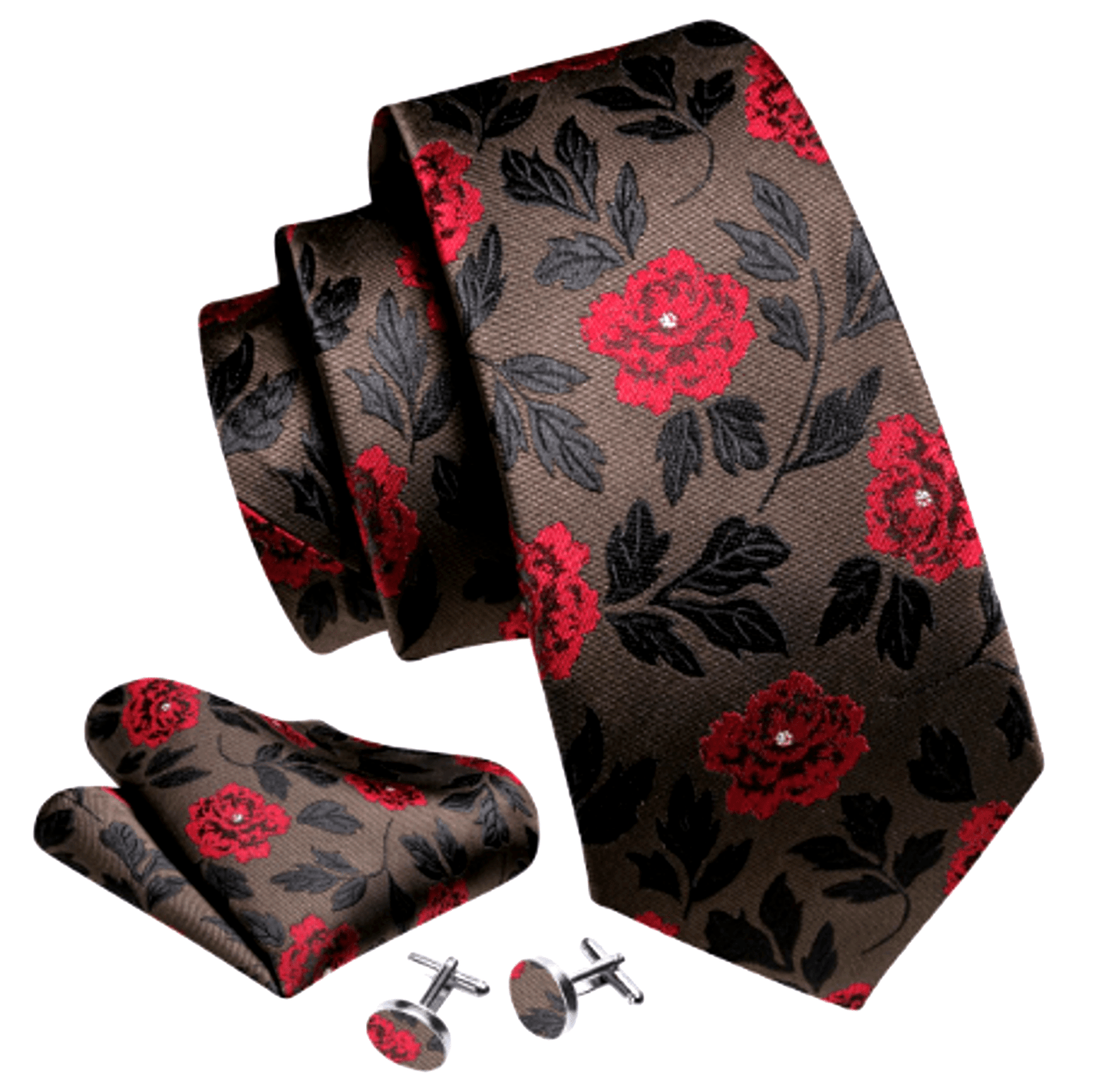 Luxury Red Roses In Brown Silk Tie Set - Masculine Clothes