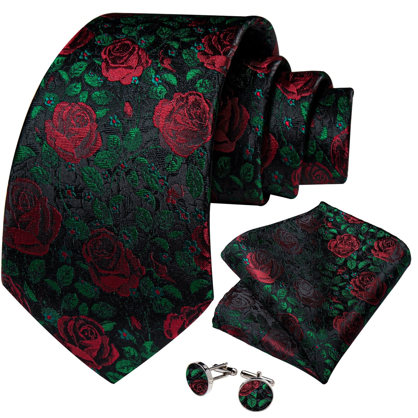 Red Rose with Green Leaves Tie Set - Masculine Clothes