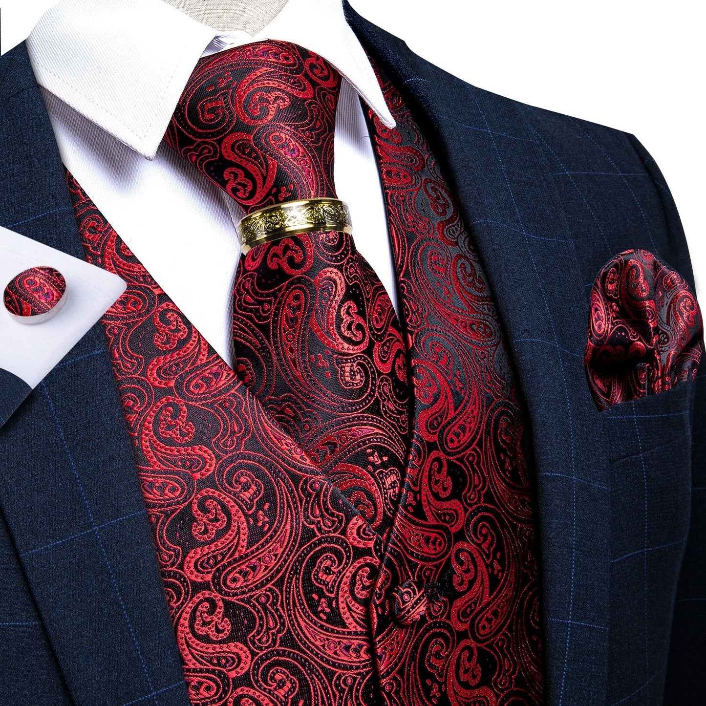 Red and Black Floral Paisley Vest Set with Tie Ring - Masculine Clothes