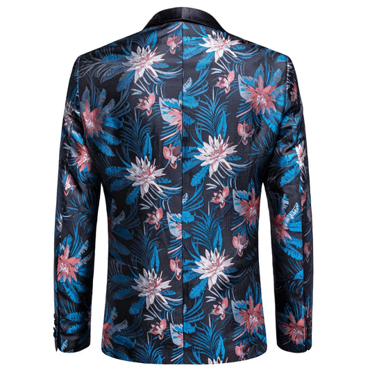 White and Pink Floral In Blue Tuxedo Jacket - Masculine Clothes