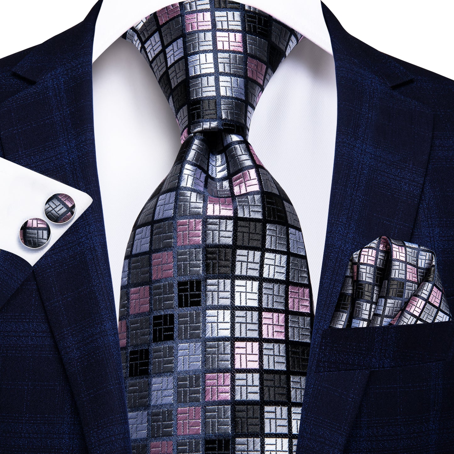 Pink, Gray , Black and White Squares XL Tie Set - Masculine Clothes