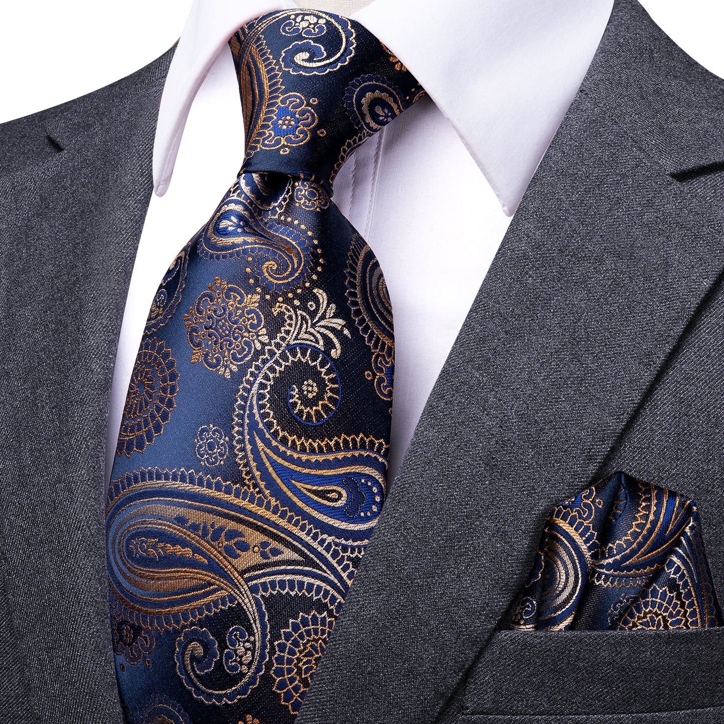 Dark Blue Floral XL Tie Set in Gold - Masculine Clothes
