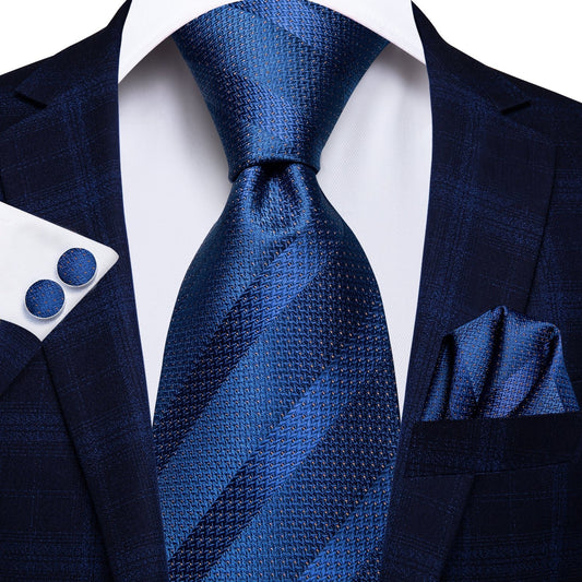 Silver and Blue Striped Silk Tie Set - Masculine Clothes