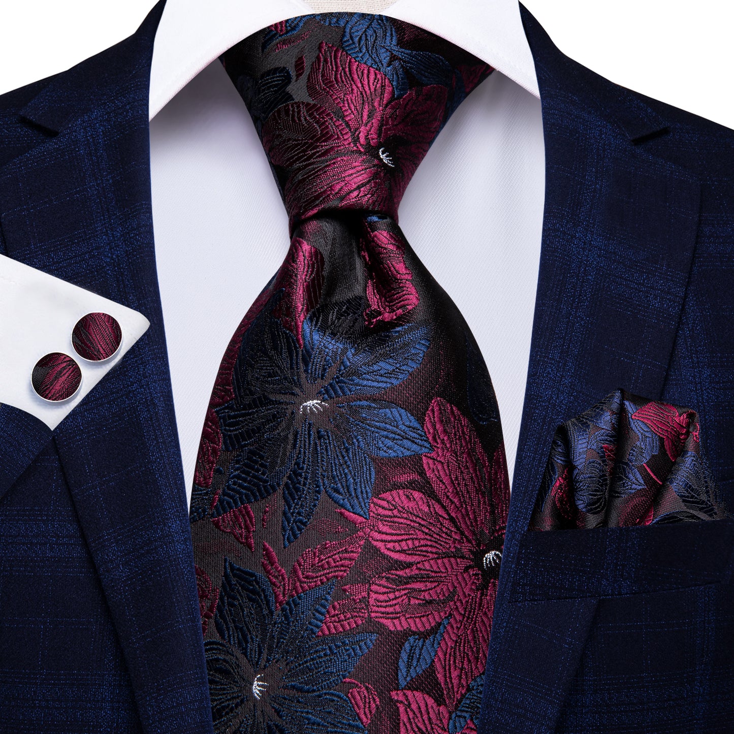 Blue and Burgundy Floral XL Tie Set - Masculine Clothes