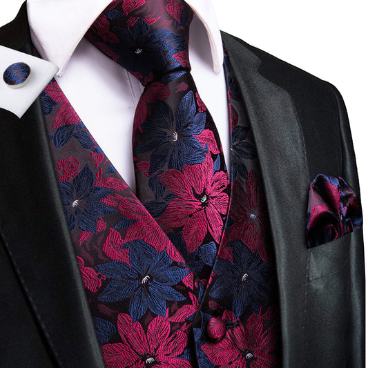 Blue and Burgundy Floral Vest Set - Masculine Clothes