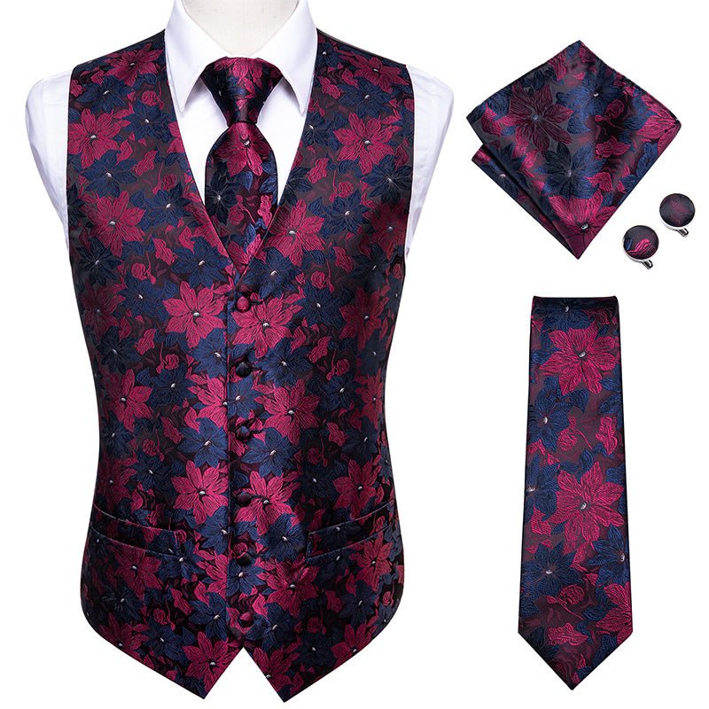 Blue and Burgundy Floral Vest Set - Masculine Clothes