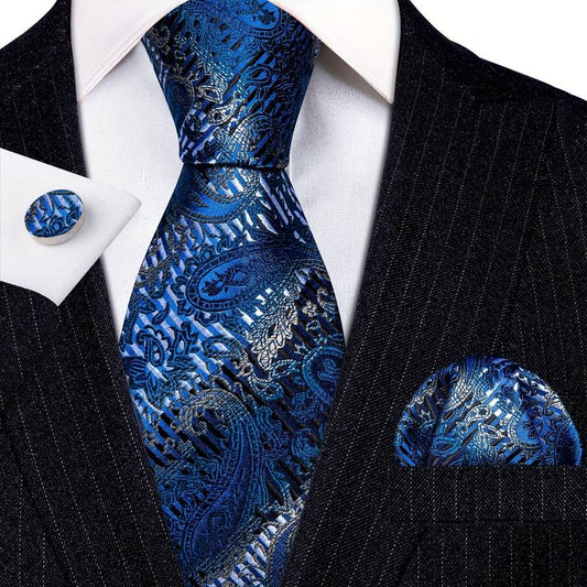 Beautiful Blue Leaves Silk Tie Set