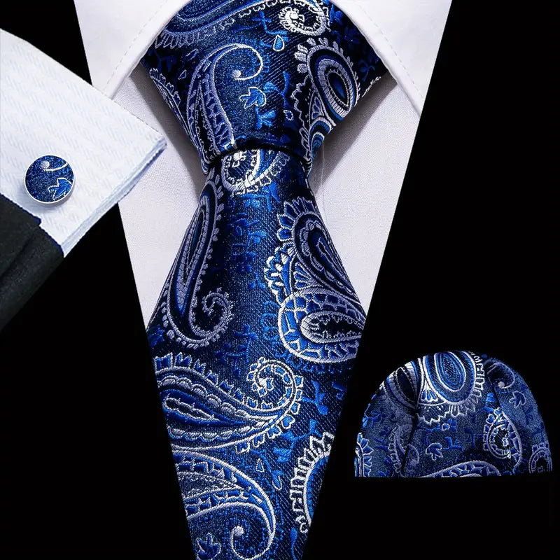 White Leaves In Blue Silk Tie Set