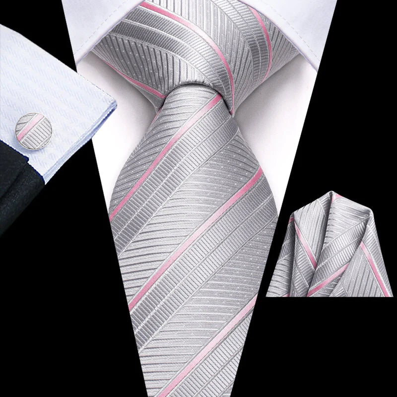 Light Gray and Pink Lines Silk Tie Set