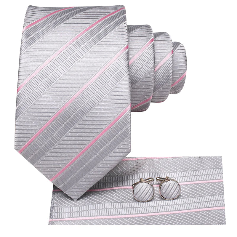 Light Gray and Pink Lines Silk Tie Set