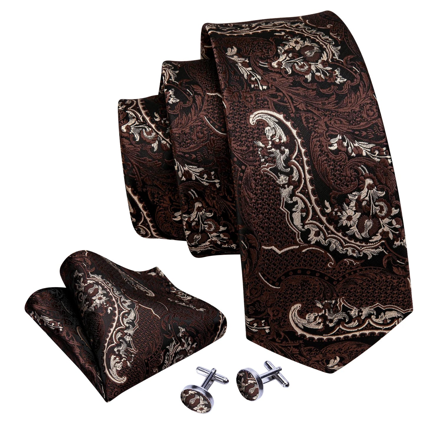 Luxury Brown Garden with Creamy Leaves Silk Tie Set