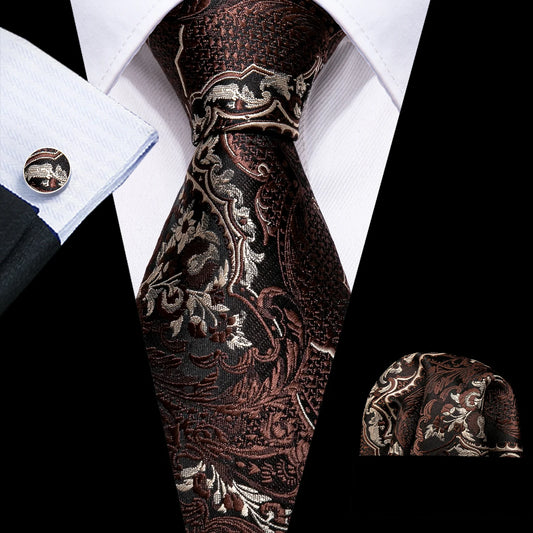 Luxury Brown Garden with Creamy Leaves Silk Tie Set