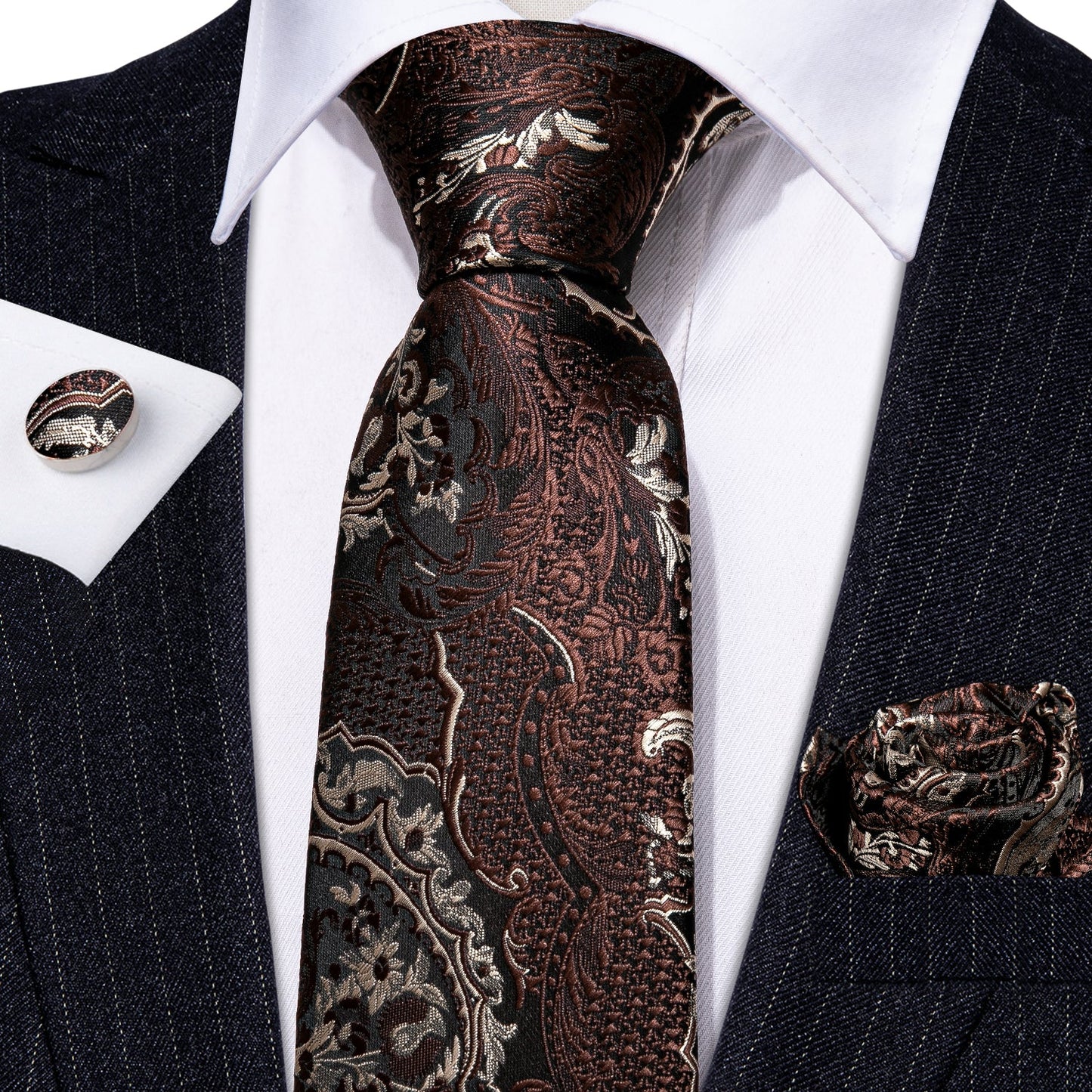 Luxury Brown Garden with Creamy Leaves Silk Tie Set