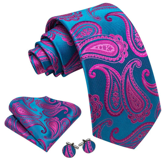 Premium Pink Leaves In Azure Silk Tie Set - Masculine Clothes