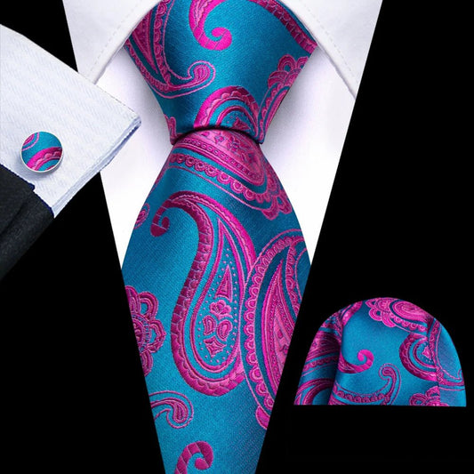 Premium Pink Leaves In Azure Silk Tie Set - Masculine Clothes