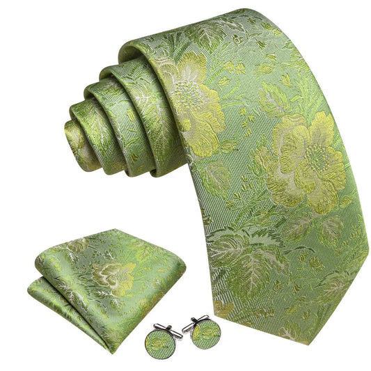 Floral Green and Gold Paisley Silk Tie Set - Masculine Clothes