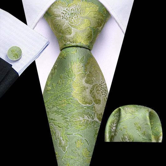 Floral Green and Gold Paisley Silk Tie Set - Masculine Clothes