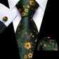Premium Dark Green with Floral Silk Tie, Pocket Square and Cufflinks - Masculine Clothes