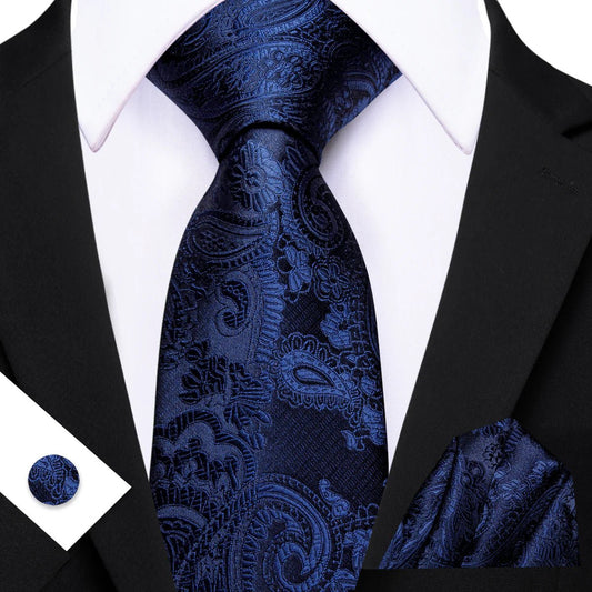 Blue Leaves Silk In Black Tie Pocket Square and Cufflinks - Masculine Clothes