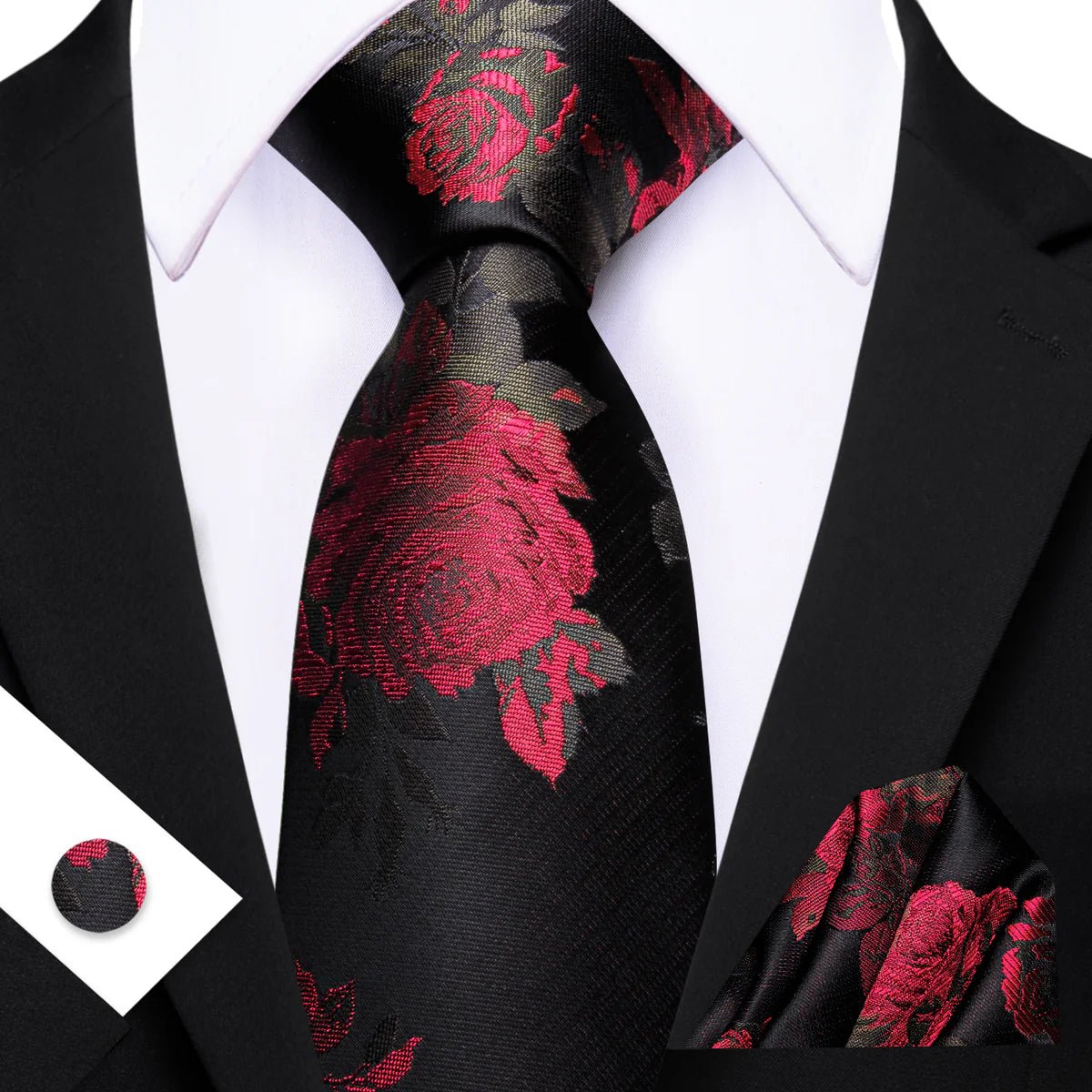 Red Roses In Black Tie, Pocket Square and Cufflinks - Masculine Clothes