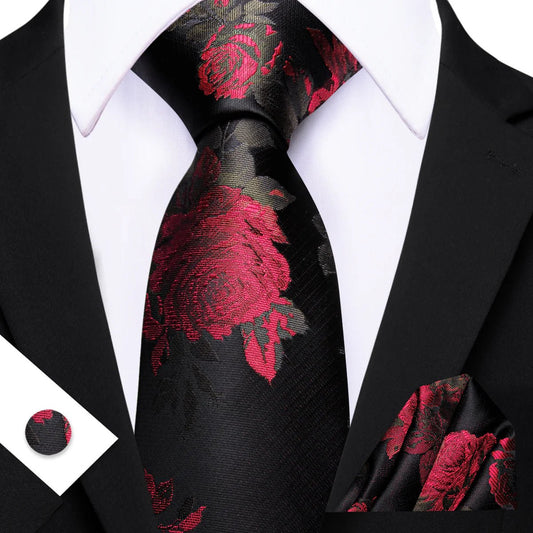 Red Roses In Black Tie, Pocket Square and Cufflinks - Masculine Clothes