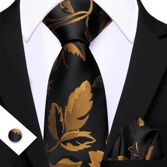 Gold Leaves In Black Tie, Pocket Square and Cufflinks - Masculine Clothes