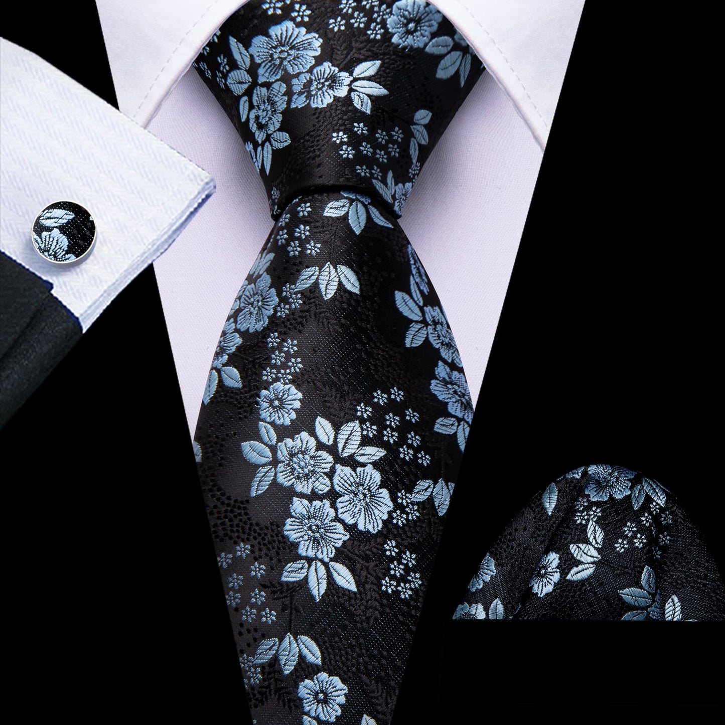 Luxury Light Blue Tiny Flowers In Black Tie Set