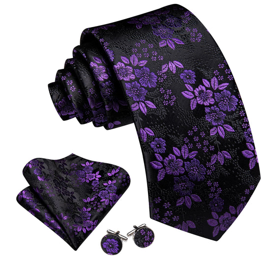 Luxury Purple Tiny Flowers In Black Tie Set