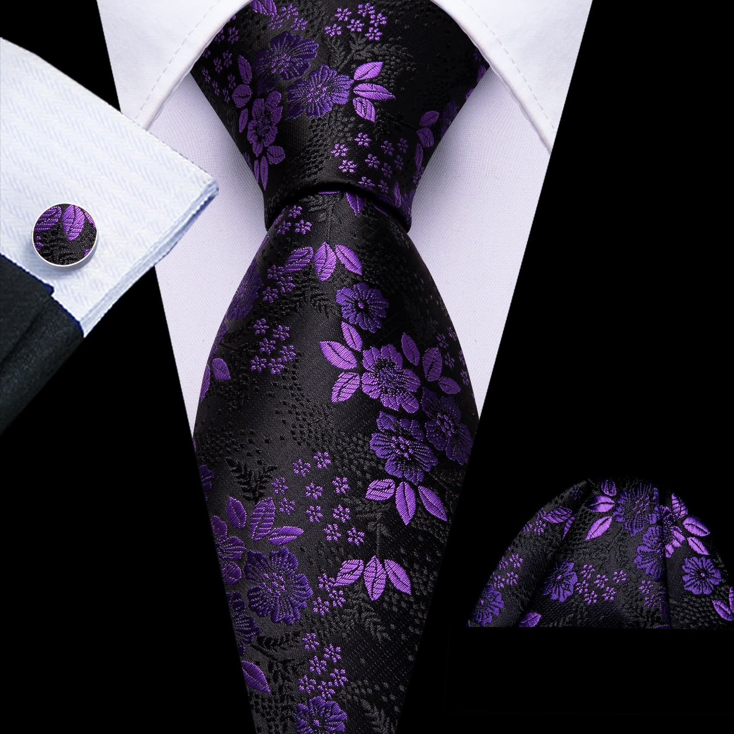 Luxury Purple Tiny Flowers In Black Tie Set