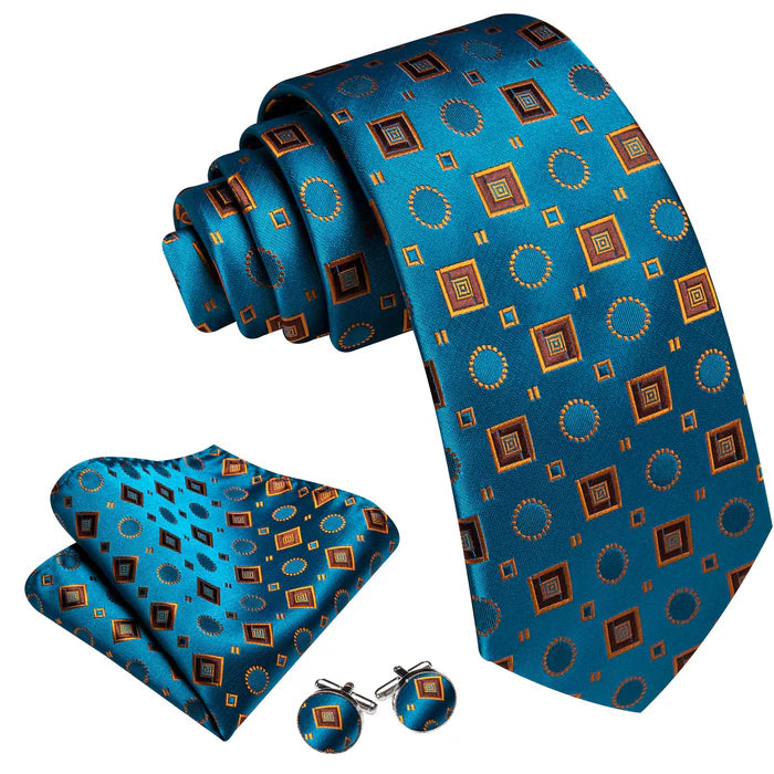 Premium Cerulean Blue Silk Tie, Pocket Square and Cufflinks