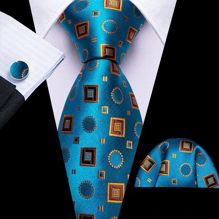 Premium Cerulean Blue Silk Tie, Pocket Square and Cufflinks