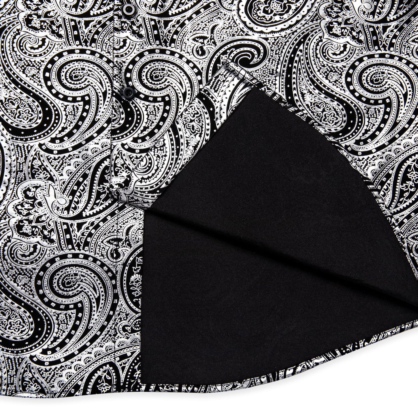 Silver and White Leaves In Black Silk Shirt