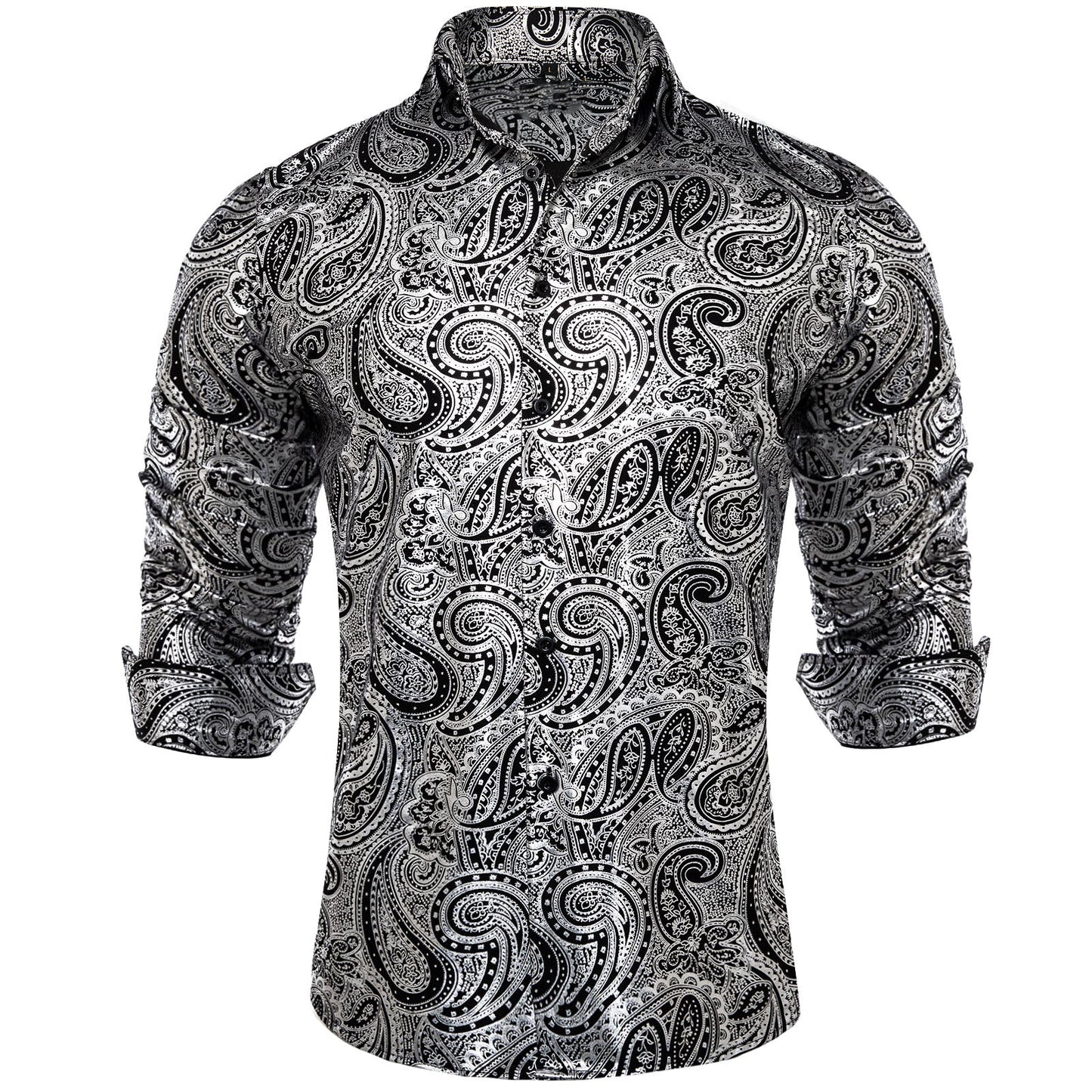 Silver and White Leaves In Black Silk Shirt