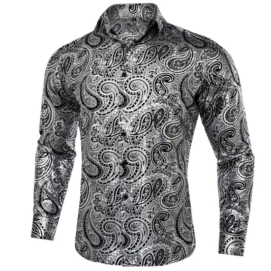 Silver and White Leaves In Black Silk Shirt