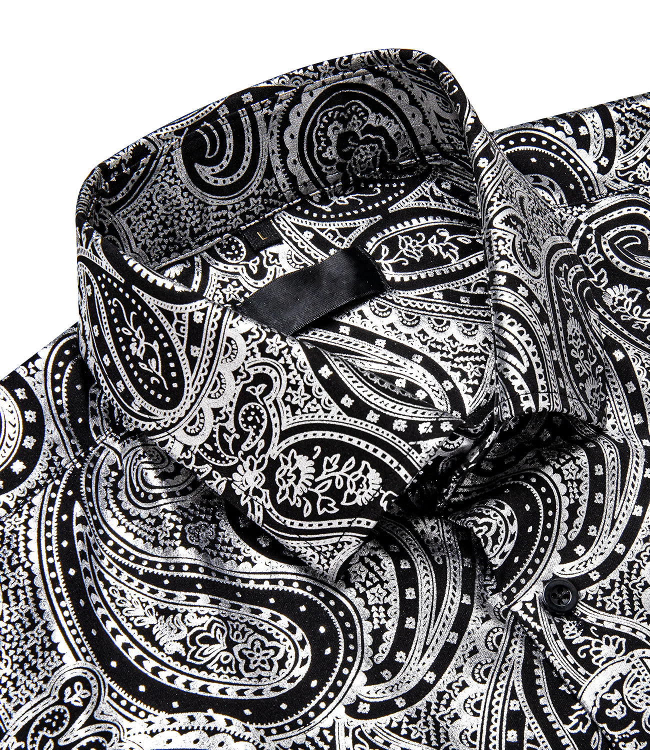 Silver and White Leaves In Black Silk Shirt