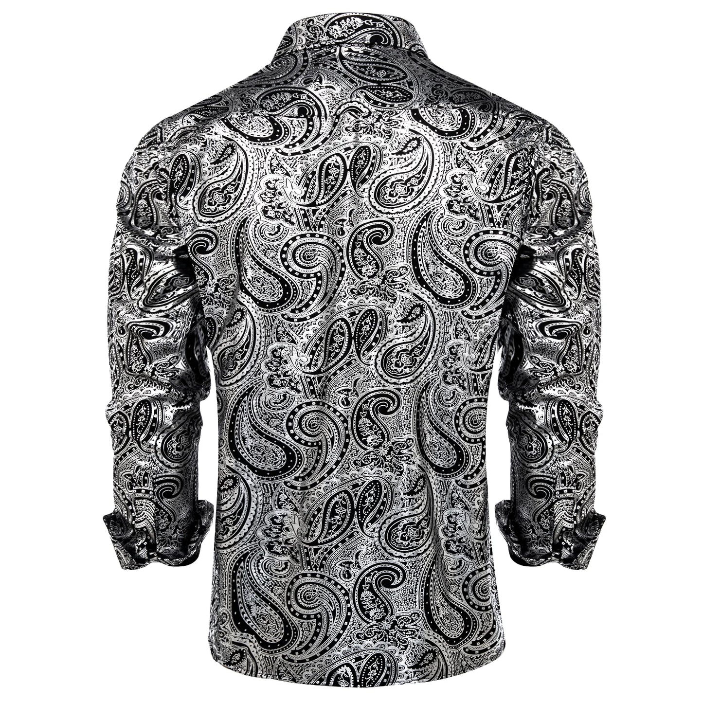 Silver and White Leaves In Black Silk Shirt