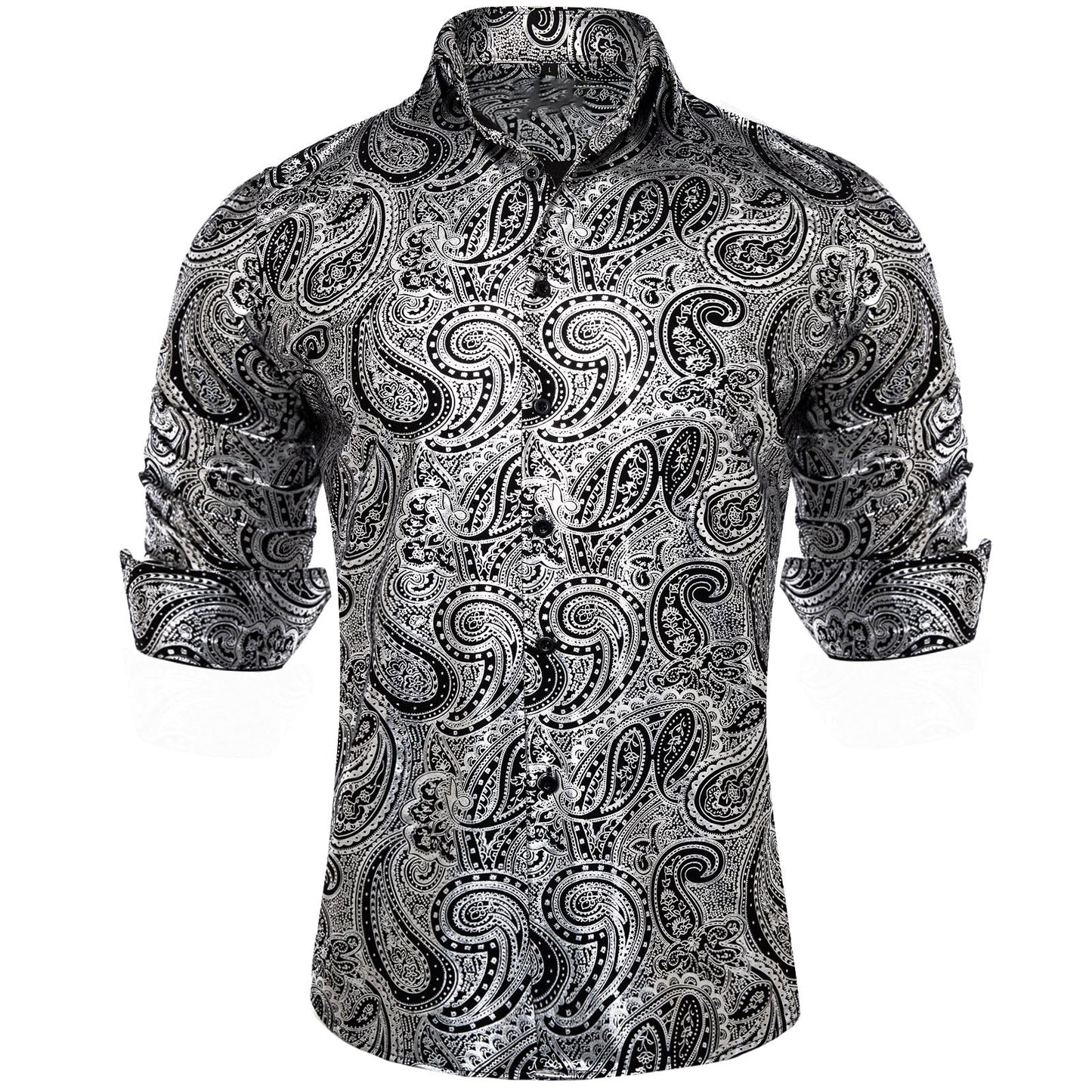 Silver and White Leaves In Black Silk Shirt