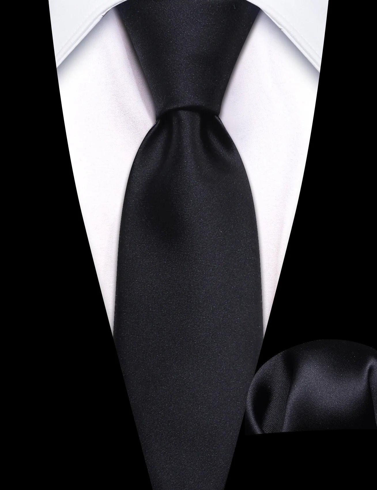 Kids Plain Black Silk Tie and Pocket Square