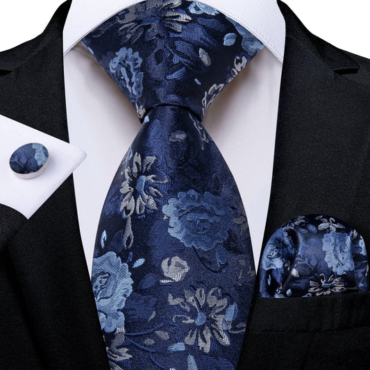 Blue Roses Silk Tie, Pocket Square and Cufflinks - Masculine Clothes