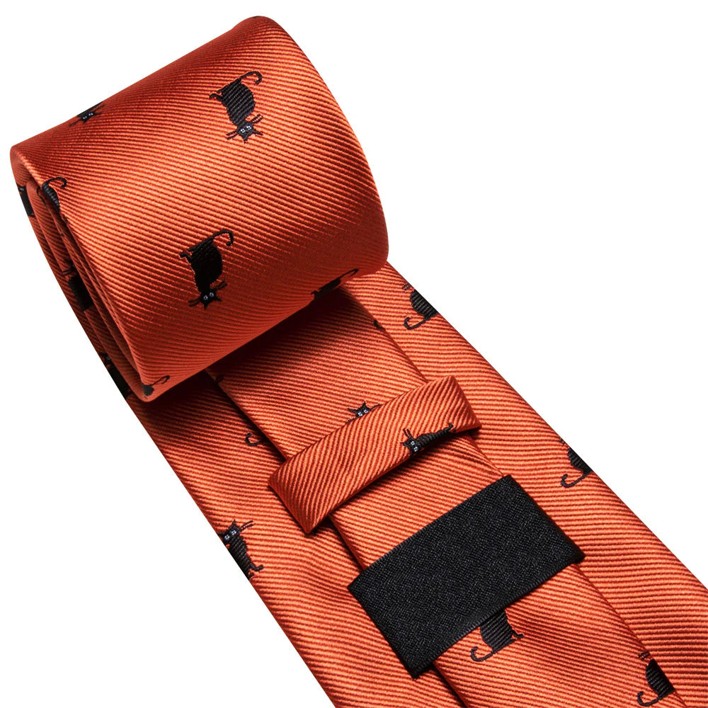 Black Cat In Orange Silk Tie Set