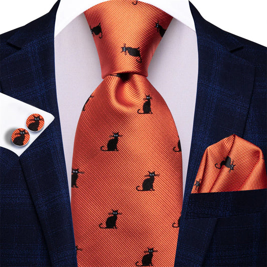 Black Cat In Orange Silk Tie Set