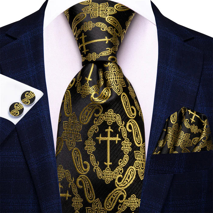 Gold Crucifix Paisley Silk Tie Set