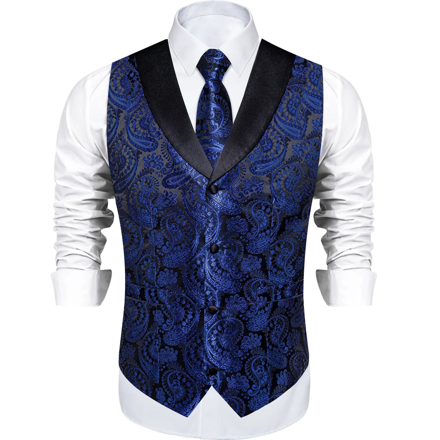 Shimmering Blue Paisley Vest Set with Black Collar