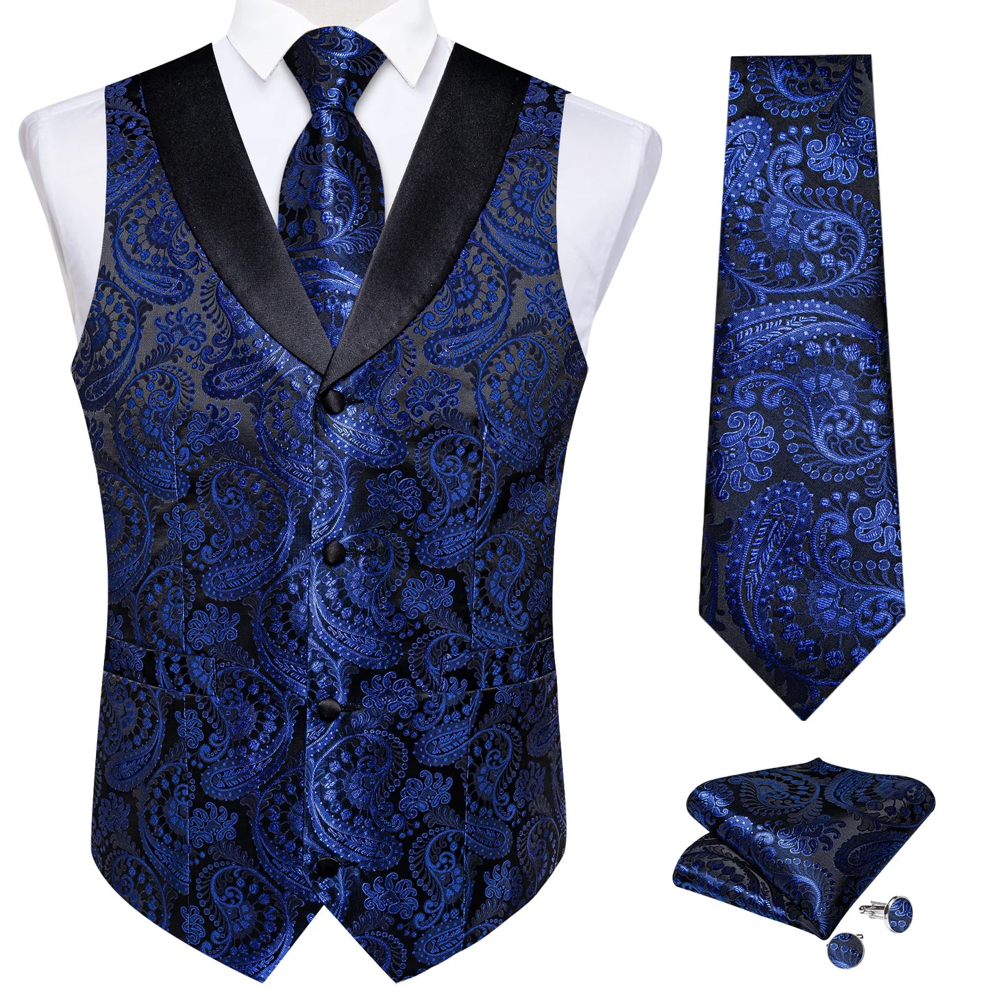 Shimmering Blue Paisley Vest Set with Black Collar