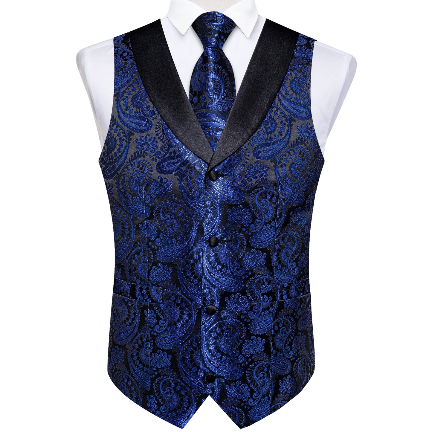 Shimmering Blue Paisley Vest Set with Black Collar