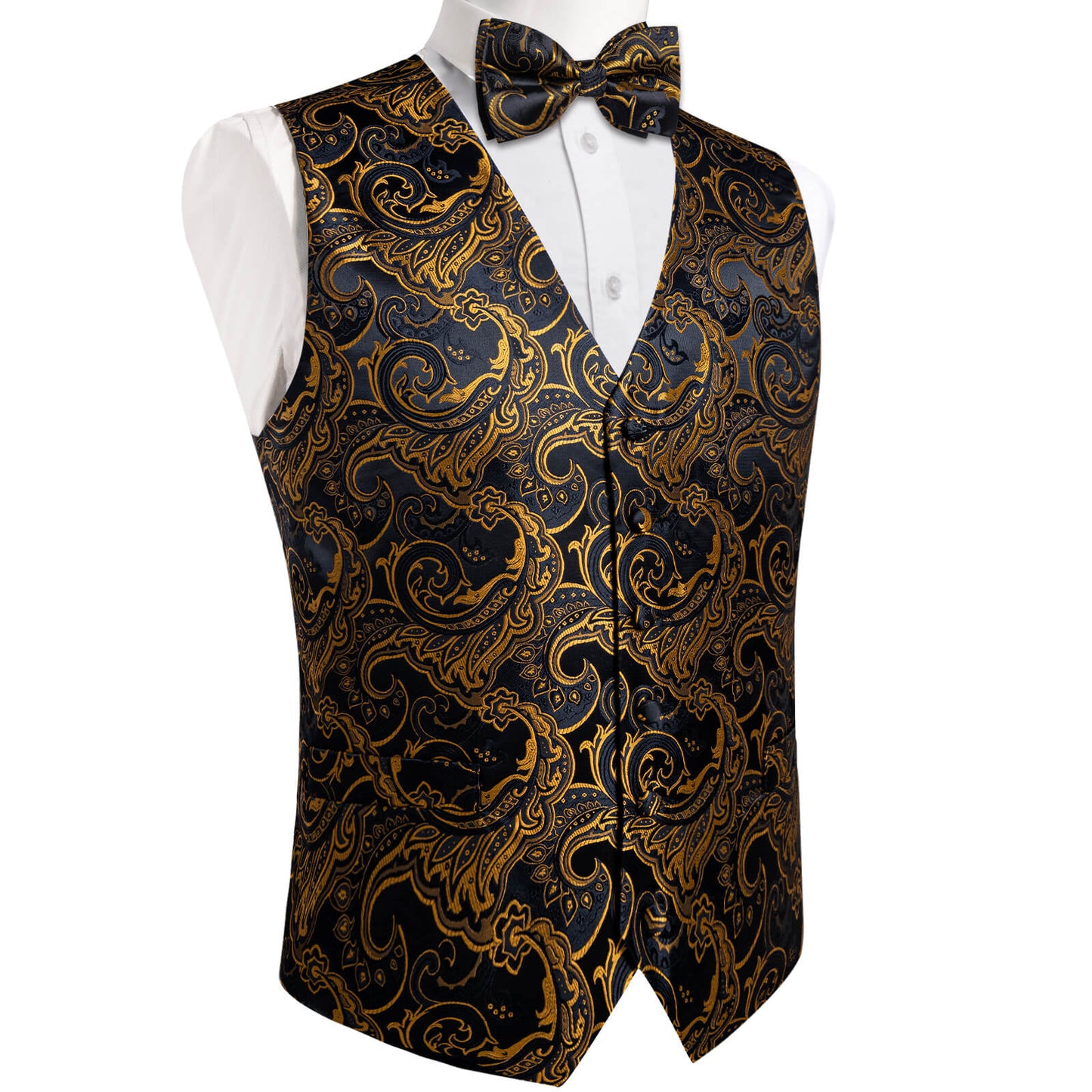 Luxury Gold Floral In Black Paisley Silk Vest Set