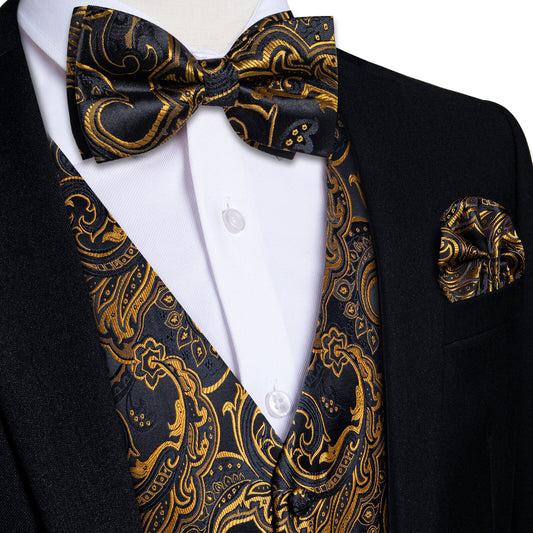 Luxury Gold Floral In Black Paisley Silk Vest Set